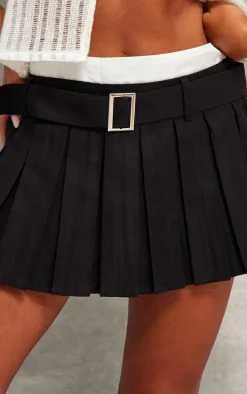 Black Double Waistband Belted Skater Skirt