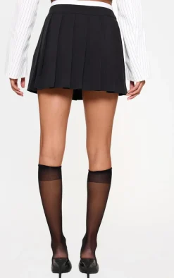 Black Drawstring Double Waistband Tailored Pleated Mini Skirt