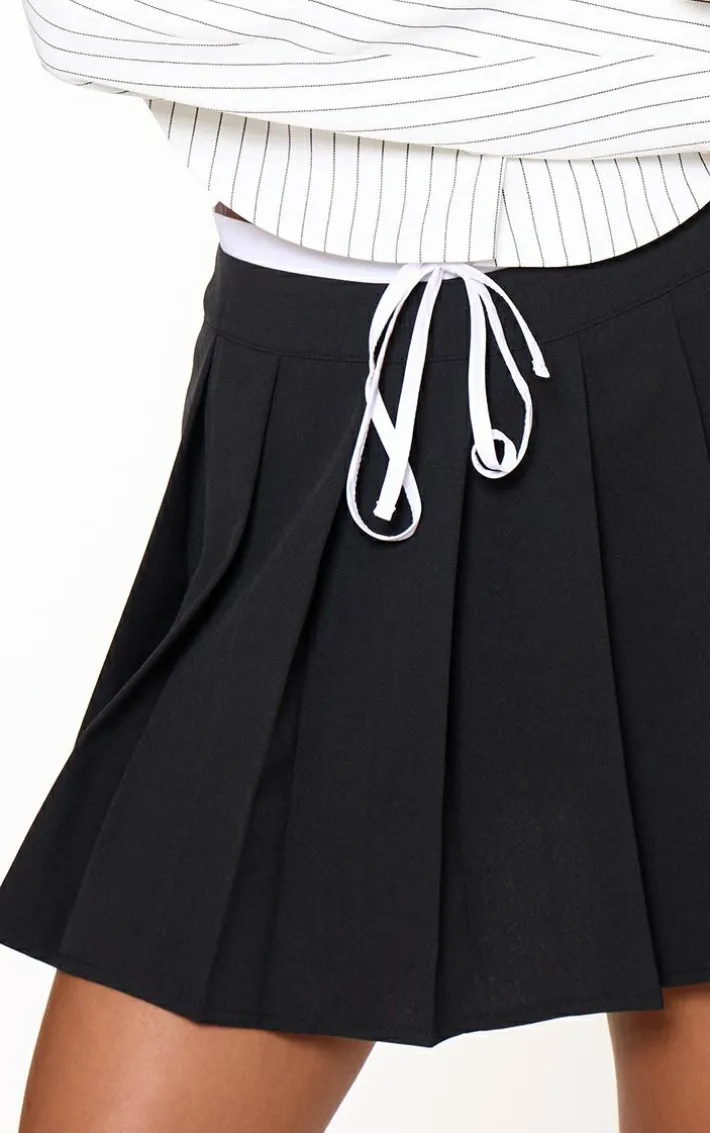 Black Drawstring Double Waistband Tailored Pleated Mini Skirt