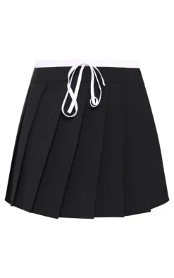 Black Drawstring Double Waistband Tailored Pleated Mini Skirt