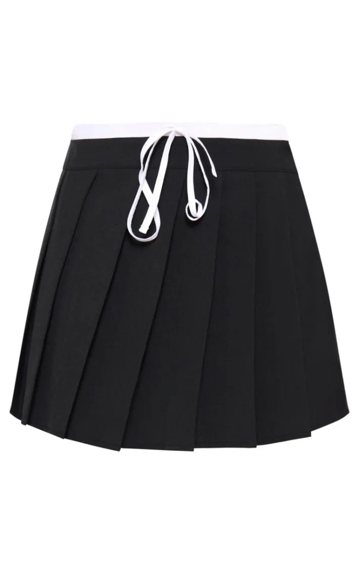 Black Drawstring Double Waistband Tailored Pleated Mini Skirt