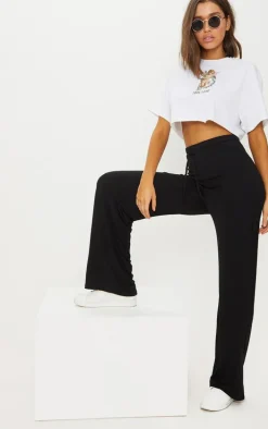 Black Drawstring Jersey Wide Leg Pants