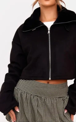 Black Dropped Shoulder Cropped Faux Fur Contrast Jacket