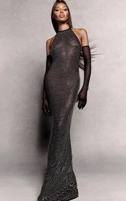 Black Embellished Mesh Backless High Neck Maxi Dress