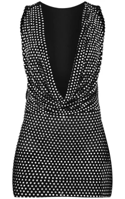 Black Embellished Mesh Cowl Neck Bodycon Dress