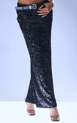 Black Embellished Sequin Belt Detail Low Rise Midaxi Skirt