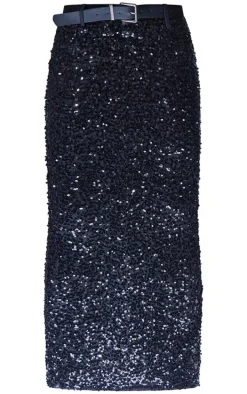 Black Embellished Sequin Belt Detail Low Rise Midaxi Skirt