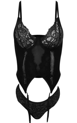 Black Embroidered Trim Lace Corset & Brazilian Set