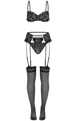 Black Embroidered Underwired Mesh 3 Piece Lingerie Set