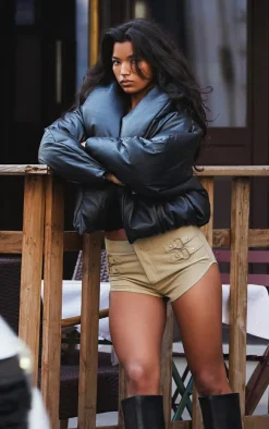 Black Exaggerated Collar PU Cropped Puffer Coat