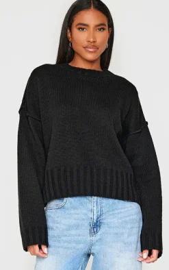 Black Exposed Seam Chunky Knit Oversized Sweater