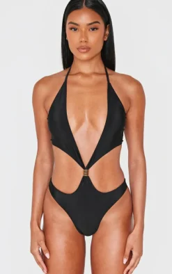 Black Extreme Cut Out Gold Trim Halter Tie Swimsuit