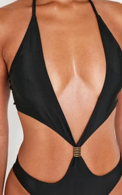 Black Extreme Cut Out Gold Trim Halter Tie Swimsuit