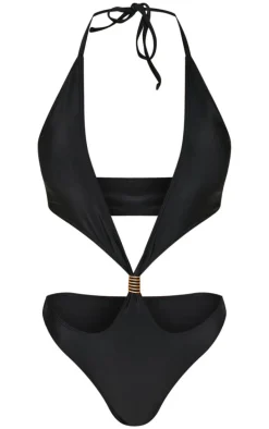 Black Extreme Cut Out Gold Trim Halter Tie Swimsuit