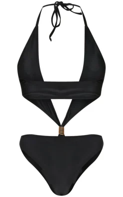 Black Extreme Cut Out Gold Trim Halter Tie Swimsuit