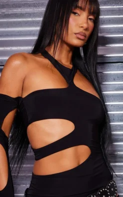 Black Extreme Cut Out Sleeve Detail High Neck Bodycon Dress