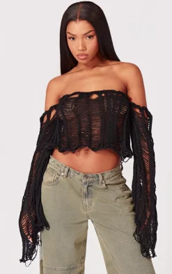 Black Extreme Distressed Knit Ladder Top