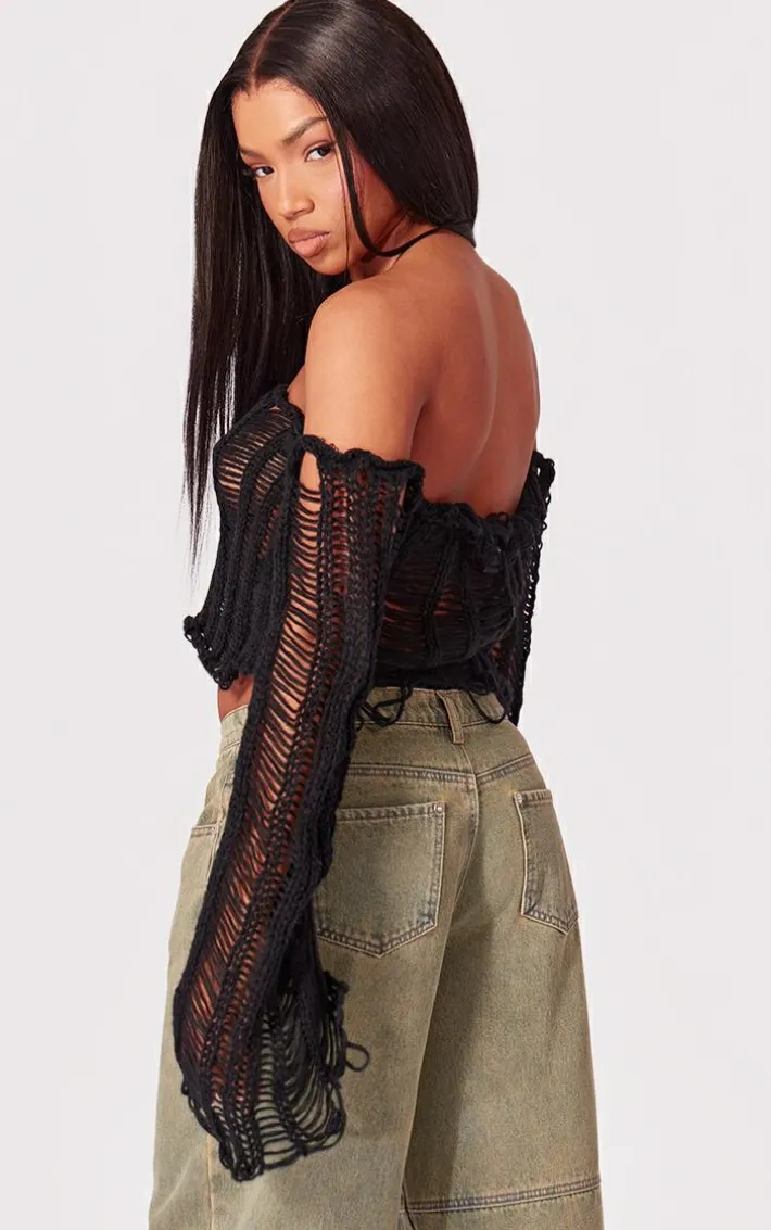 Black Extreme Distressed Knit Ladder Top