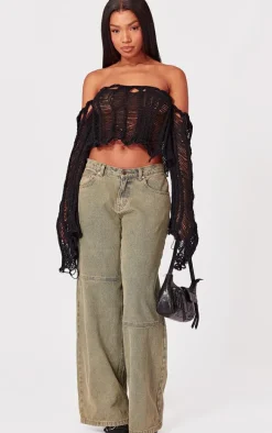 Black Extreme Distressed Knit Ladder Top