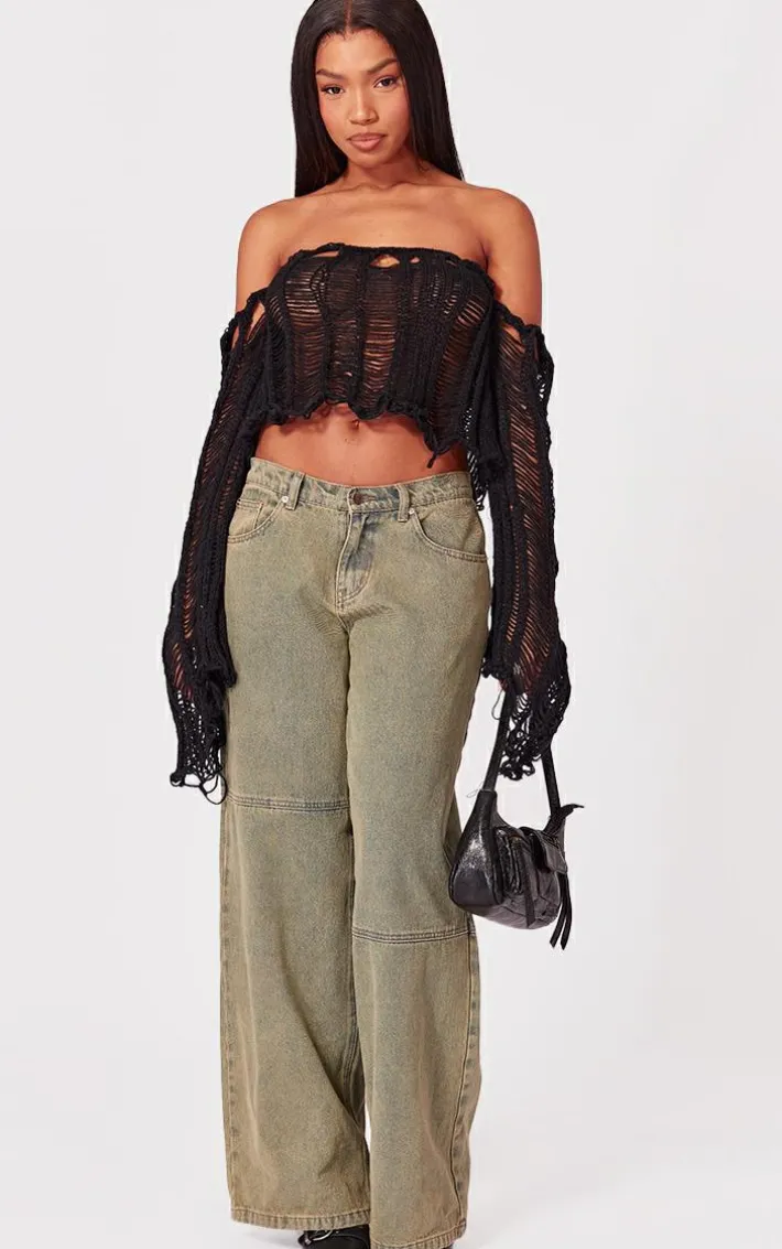 Black Extreme Distressed Knit Ladder Top