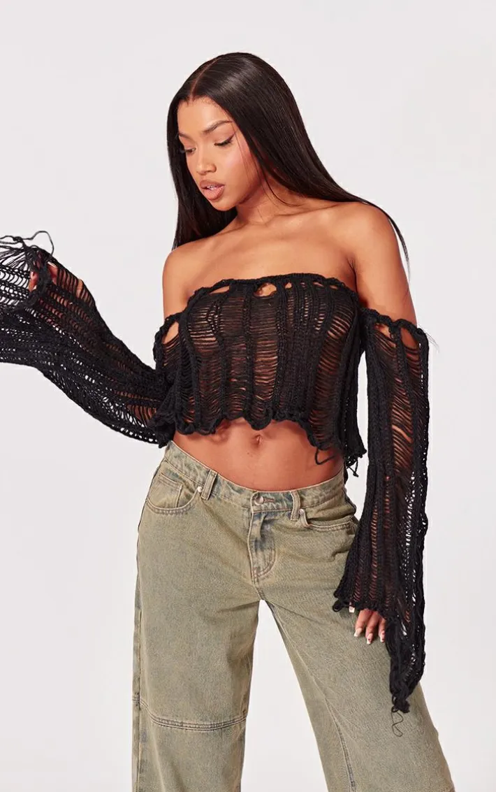 Black Extreme Distressed Knit Ladder Top