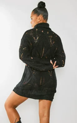 Black Extreme Distressed Knitted Sweater Dress
