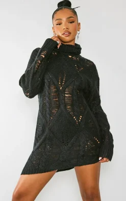Black Extreme Distressed Knitted Sweater Dress