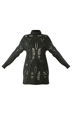 Black Extreme Distressed Knitted Sweater Dress
