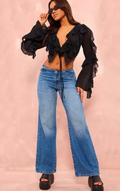 Black Extreme Frill Tie Front Flare Sleeve Blouse