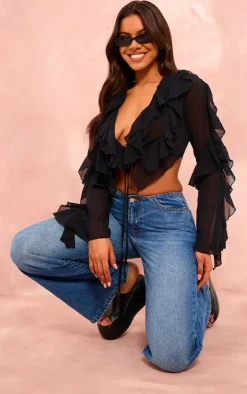 Black Extreme Frill Tie Front Flare Sleeve Blouse