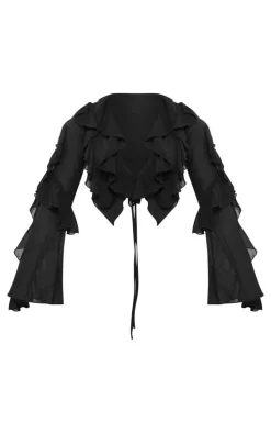 Black Extreme Frill Tie Front Flare Sleeve Blouse
