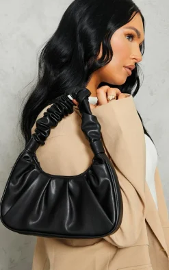 Black Extreme Ruched Handle Shoulder Bag