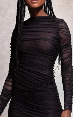Black Extreme Ruched Sheer Mesh Dress