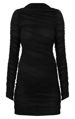 Black Extreme Ruched Sheer Mesh Dress