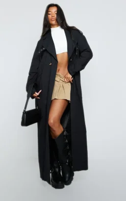 Black Eyelet Detail Belted Maxi Trench Coat