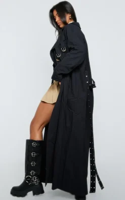Black Eyelet Detail Belted Maxi Trench Coat