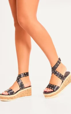 Black Eyelet Espadrille Flatform Sandals