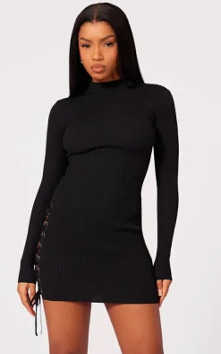 Black Eyelet Lace Up Side Ring Knit Dress