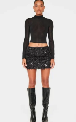 Black Faux Feather Sequin Micro Mini Skirt
