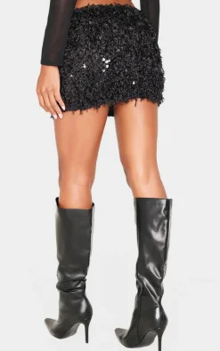 Black Faux Feather Sequin Micro Mini Skirt