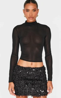 Black Faux Feather Sequin Micro Mini Skirt