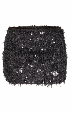 Black Faux Feather Sequin Micro Mini Skirt
