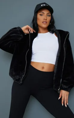 Black Faux Fur Balloon Sleeve Hooded Jacket