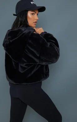 Black Faux Fur Balloon Sleeve Hooded Jacket