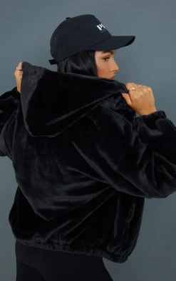 Black Faux Fur Balloon Sleeve Hooded Jacket