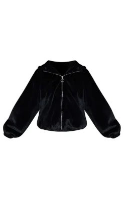 Black Faux Fur Balloon Sleeve Hooded Jacket