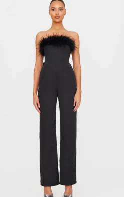 Black Faux Fur Bandeau Straight Leg Jumpsuit