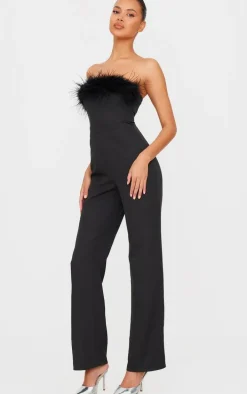 Black Faux Fur Bandeau Straight Leg Jumpsuit