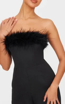 Black Faux Fur Bandeau Straight Leg Jumpsuit