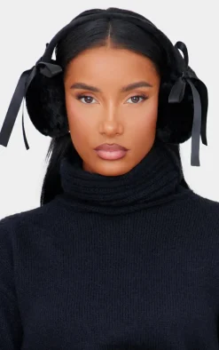 Black Faux Fur Bow Detail Ear Muffs